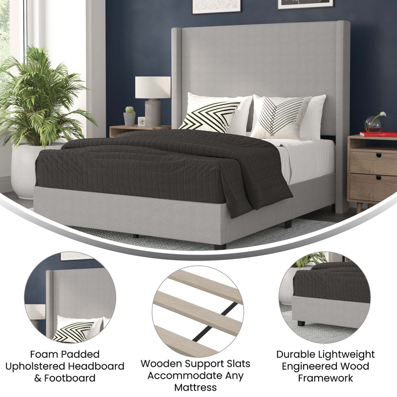 Kellan Gray Faux Linen Upholstered Platform Bed with Channel Stitched Wingback Headboard and Slatted Mattress Foundation