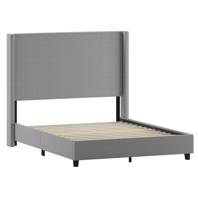 Kellan Gray Faux Linen Upholstered Platform Bed with Channel Stitched Wingback Headboard and Slatted Mattress Foundation