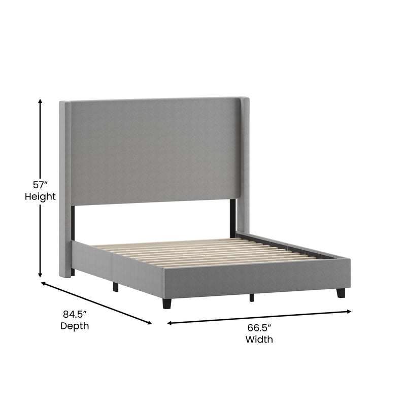 Kellan Gray Faux Linen Upholstered Platform Bed with Channel Stitched Wingback Headboard and Slatted Mattress Foundation