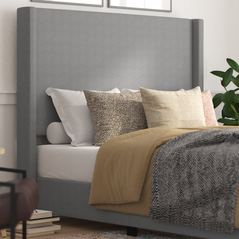 Kellan Gray Faux Linen Upholstered Platform Bed with Channel Stitched Wingback Headboard and Slatted Mattress Foundation