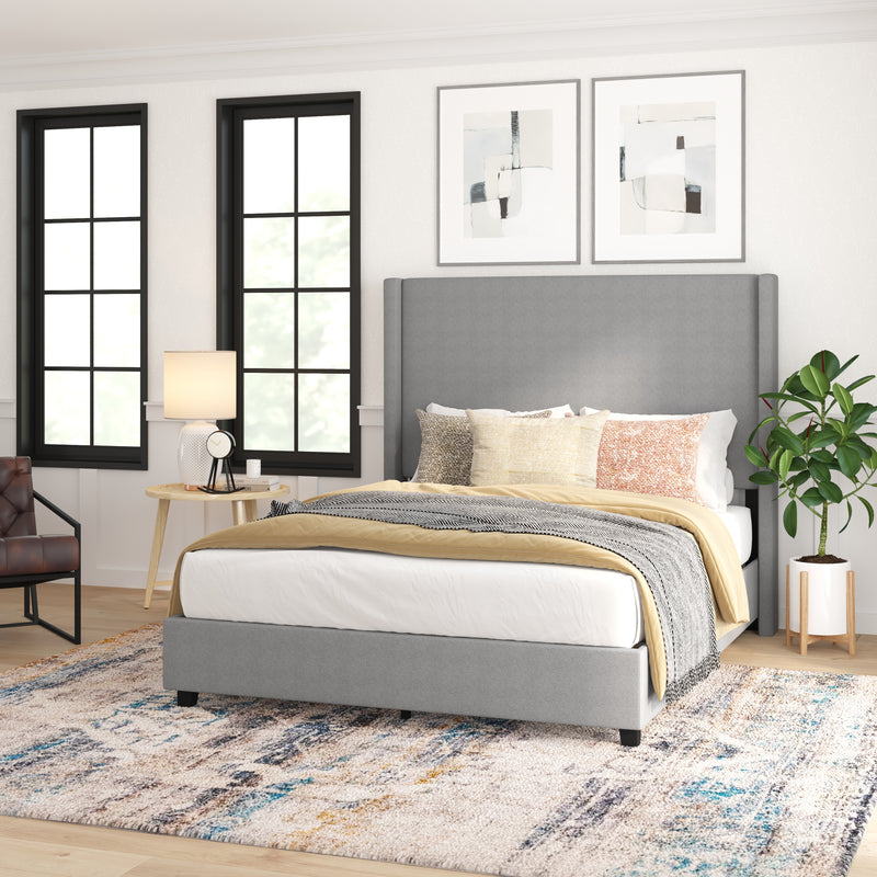 Kellan Gray Faux Linen Upholstered Platform Bed with Channel Stitched Wingback Headboard and Slatted Mattress Foundation