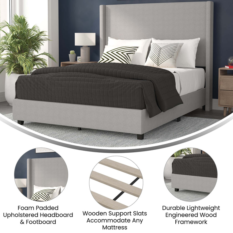 Kellan Gray Faux Linen Upholstered Platform Bed with Channel Stitched Wingback Headboard and Slatted Mattress Foundation