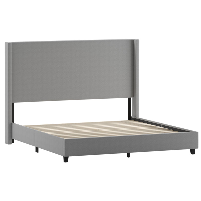 Kellan Gray Faux Linen Upholstered Platform Bed with Channel Stitched Wingback Headboard and Slatted Mattress Foundation