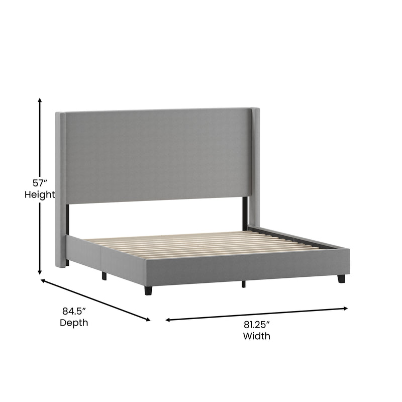 Kellan Gray Faux Linen Upholstered Platform Bed with Channel Stitched Wingback Headboard and Slatted Mattress Foundation