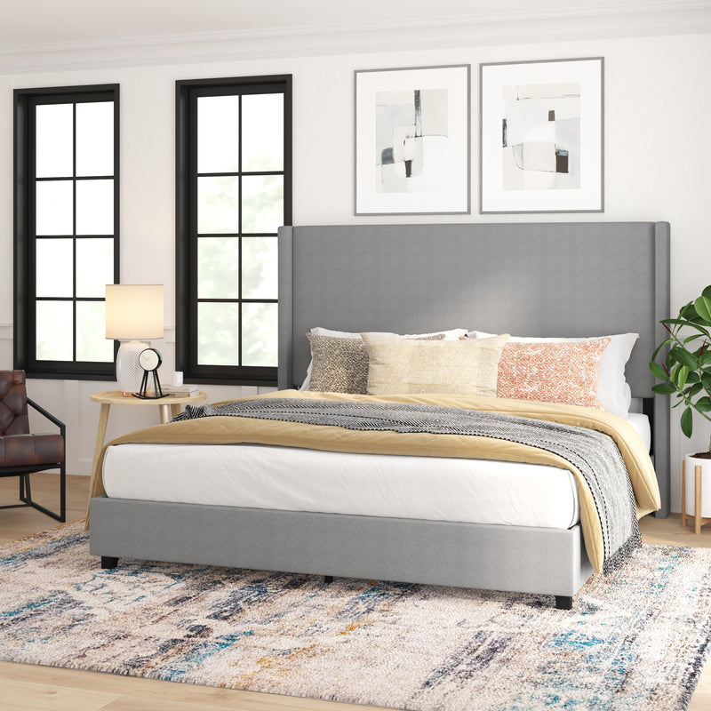 Kellan Gray Faux Linen Upholstered Platform Bed with Channel Stitched Wingback Headboard and Slatted Mattress Foundation