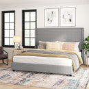 Kellan Gray Faux Linen Upholstered Platform Bed with Channel Stitched Wingback Headboard and Slatted Mattress Foundation