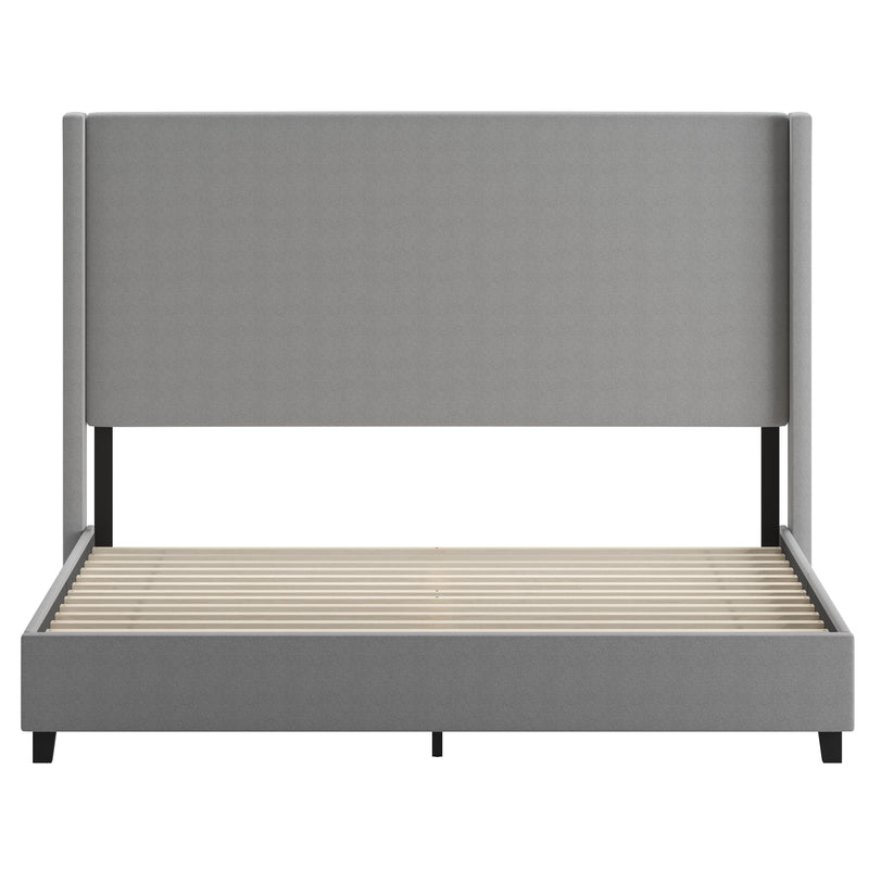 Kellan Gray Faux Linen Upholstered Platform Bed with Channel Stitched Wingback Headboard and Slatted Mattress Foundation