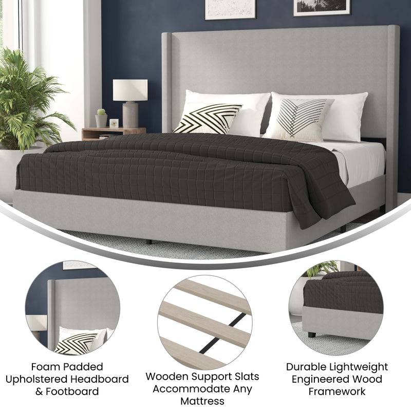 Kellan Gray Faux Linen Upholstered Platform Bed with Channel Stitched Wingback Headboard and Slatted Mattress Foundation