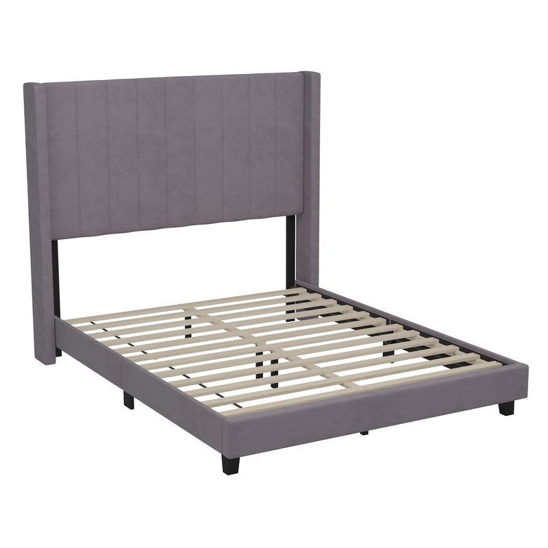 Soren Gray Velvet Upholstered Platform Bed Frame with Wingback Headboard and Slatted Mattress Foundation