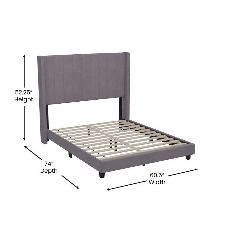 Soren Gray Velvet Upholstered Platform Bed Frame with Wingback Headboard and Slatted Mattress Foundation