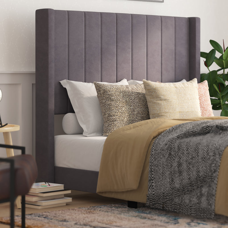 Soren Gray Velvet Upholstered Platform Bed Frame with Wingback Headboard and Slatted Mattress Foundation