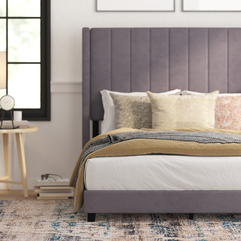 Soren Gray Velvet Upholstered Platform Bed Frame with Wingback Headboard and Slatted Mattress Foundation