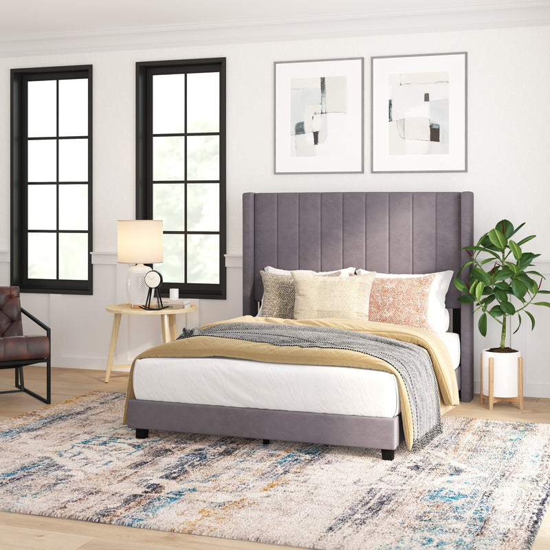 Soren Gray Velvet Upholstered Platform Bed Frame with Wingback Headboard and Slatted Mattress Foundation