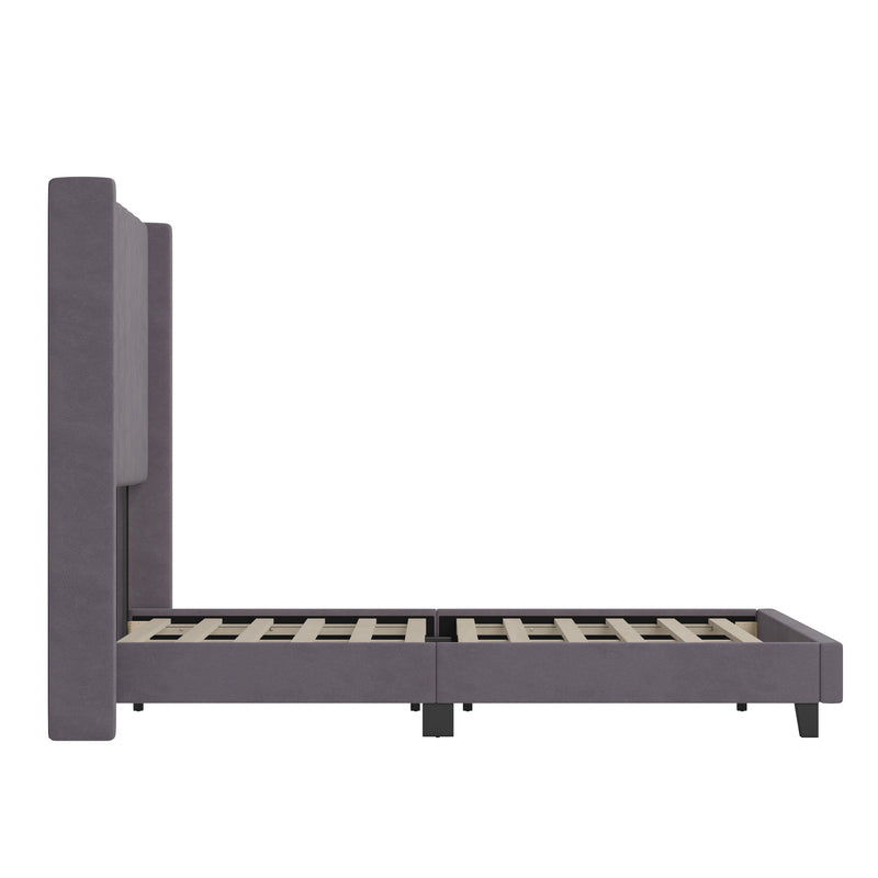 Soren Gray Velvet Upholstered Platform Bed Frame with Wingback Headboard and Slatted Mattress Foundation