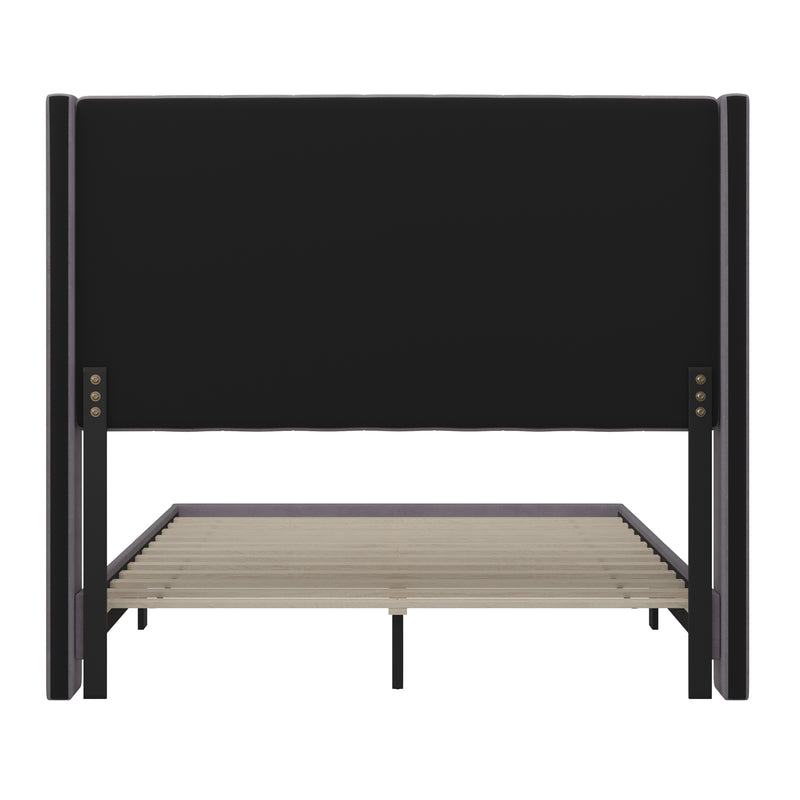 Soren Gray Velvet Upholstered Platform Bed Frame with Wingback Headboard and Slatted Mattress Foundation