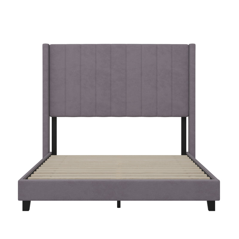 Soren Gray Velvet Upholstered Platform Bed Frame with Wingback Headboard and Slatted Mattress Foundation