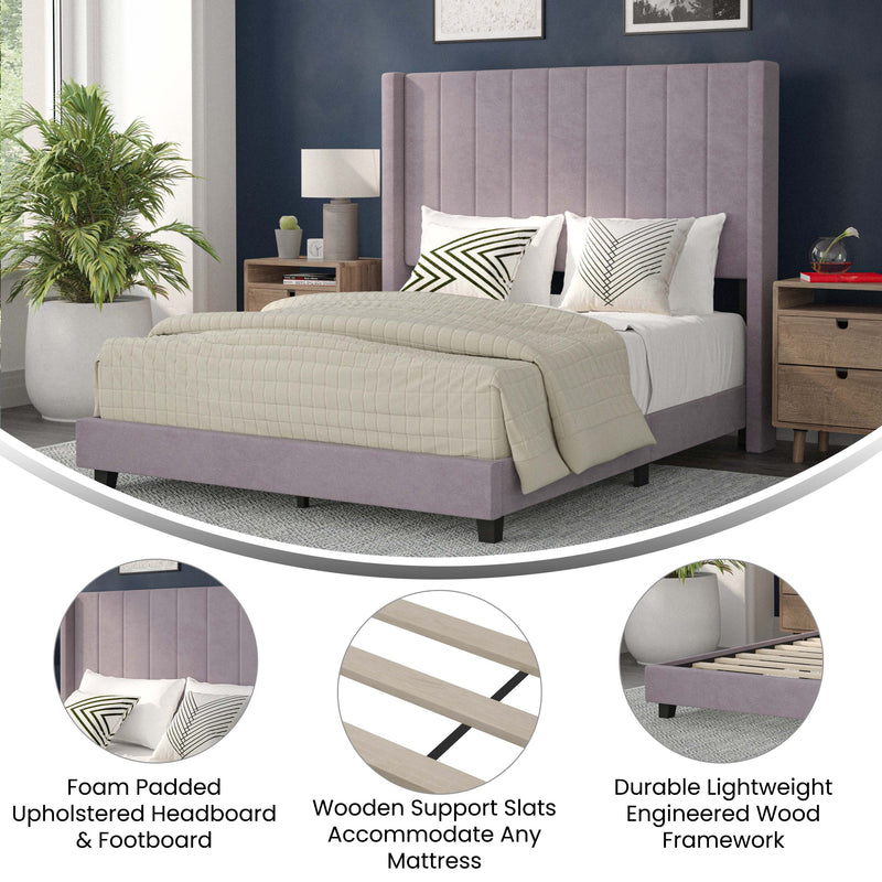 Soren Gray Velvet Upholstered Platform Bed Frame with Wingback Headboard and Slatted Mattress Foundation