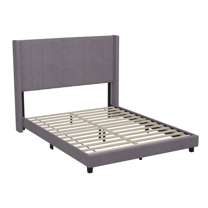 Soren Gray Velvet Upholstered Platform Bed Frame with Wingback Headboard and Slatted Mattress Foundation