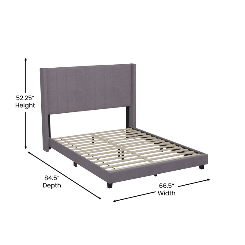 Soren Gray Velvet Upholstered Platform Bed Frame with Wingback Headboard and Slatted Mattress Foundation