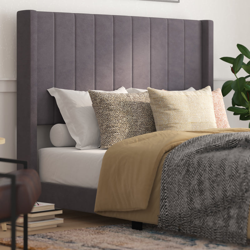 Soren Gray Velvet Upholstered Platform Bed Frame with Wingback Headboard and Slatted Mattress Foundation