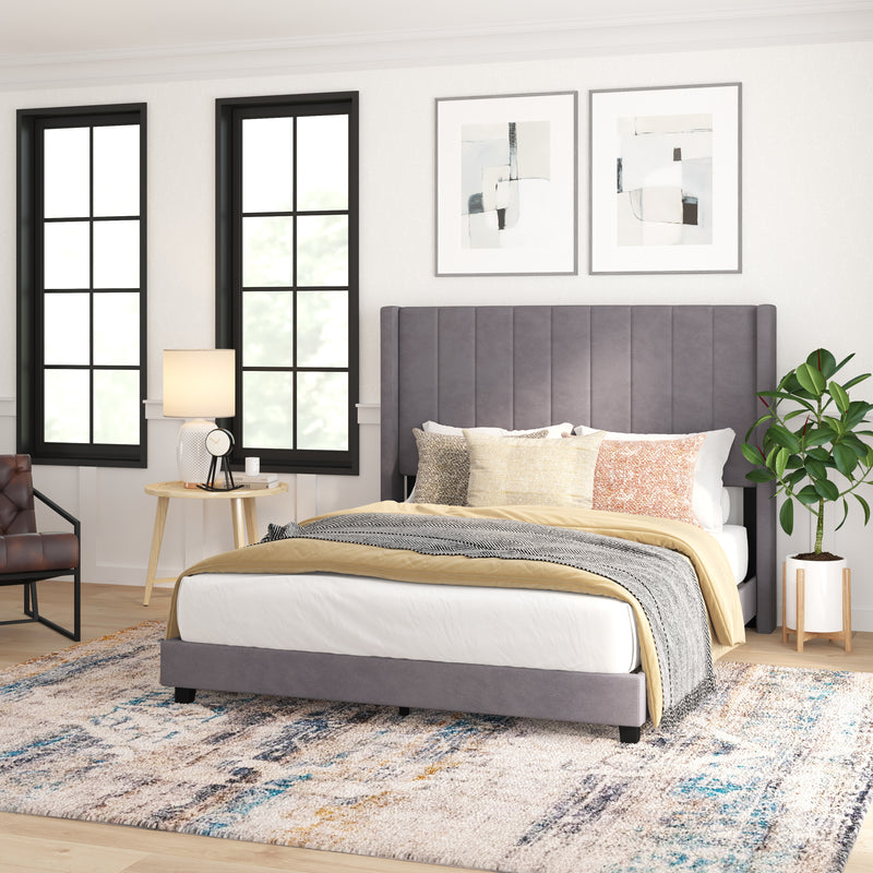 Soren Gray Velvet Upholstered Platform Bed Frame with Wingback Headboard and Slatted Mattress Foundation