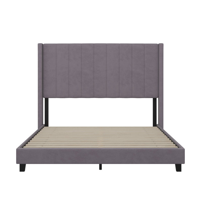 Soren Gray Velvet Upholstered Platform Bed Frame with Wingback Headboard and Slatted Mattress Foundation