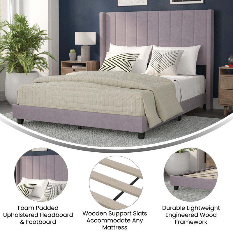 Soren Gray Velvet Upholstered Platform Bed Frame with Wingback Headboard and Slatted Mattress Foundation