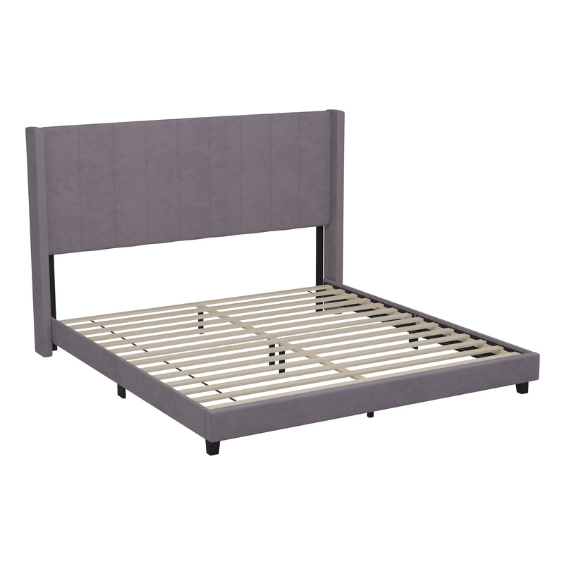 Soren Gray Velvet Upholstered Platform Bed Frame with Wingback Headboard and Slatted Mattress Foundation