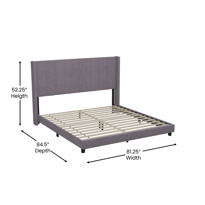 Soren Gray Velvet Upholstered Platform Bed Frame with Wingback Headboard and Slatted Mattress Foundation