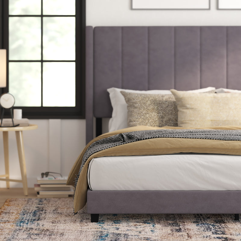 Soren Gray Velvet Upholstered Platform Bed Frame with Wingback Headboard and Slatted Mattress Foundation