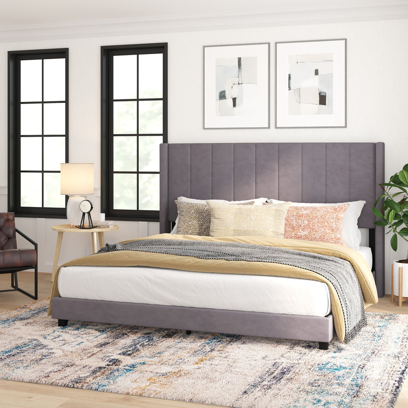 Soren Gray Velvet Upholstered Platform Bed Frame with Wingback Headboard and Slatted Mattress Foundation