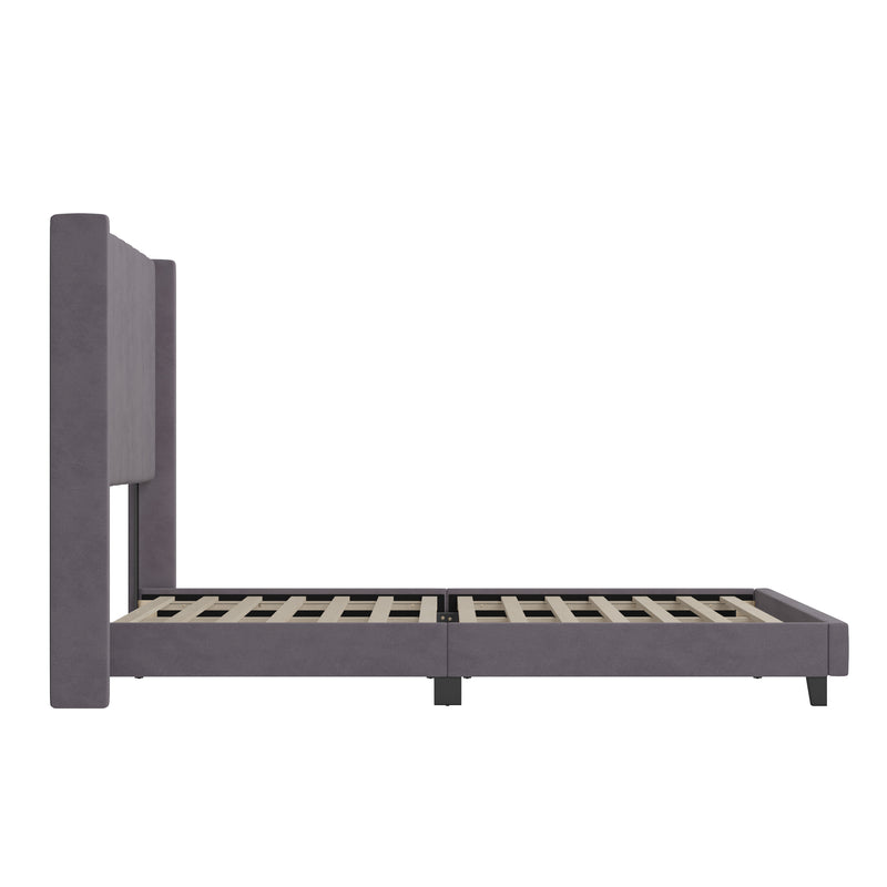 Soren Gray Velvet Upholstered Platform Bed Frame with Wingback Headboard and Slatted Mattress Foundation