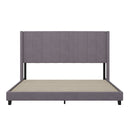 Soren Gray Velvet Upholstered Platform Bed Frame with Wingback Headboard and Slatted Mattress Foundation