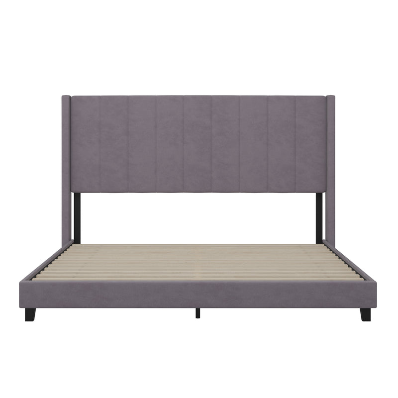 Soren Gray Velvet Upholstered Platform Bed Frame with Wingback Headboard and Slatted Mattress Foundation