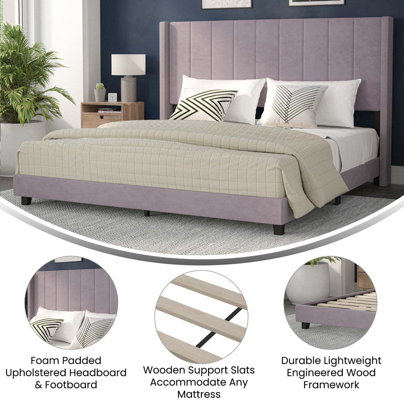 Soren Gray Velvet Upholstered Platform Bed Frame with Wingback Headboard and Slatted Mattress Foundation