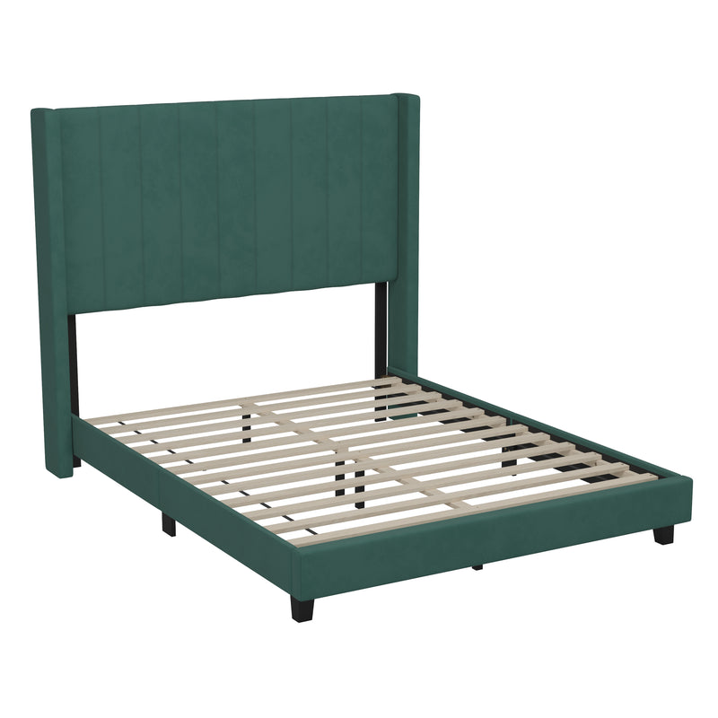 Soren Emerald Velvet Upholstered Platform Bed Frame with Wingback Headboard and Slatted Mattress Foundation