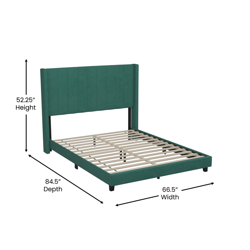 Soren Emerald Velvet Upholstered Platform Bed Frame with Wingback Headboard and Slatted Mattress Foundation