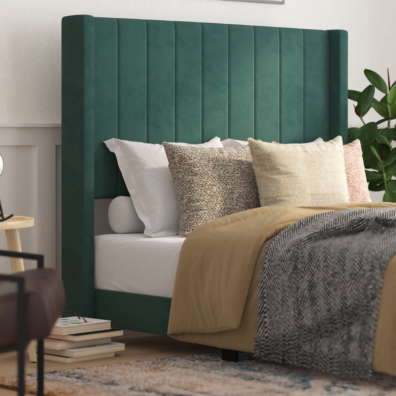 Soren Emerald Velvet Upholstered Platform Bed Frame with Wingback Headboard and Slatted Mattress Foundation