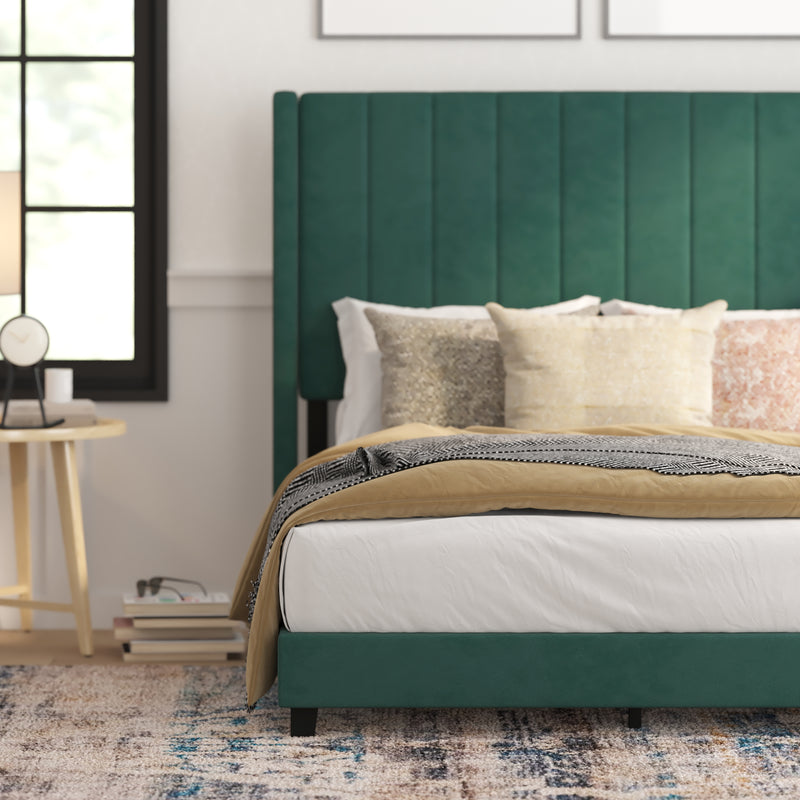 Soren Emerald Velvet Upholstered Platform Bed Frame with Wingback Headboard and Slatted Mattress Foundation