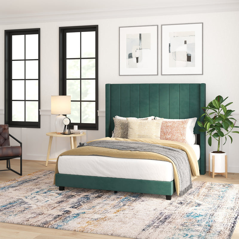 Soren Emerald Velvet Upholstered Platform Bed Frame with Wingback Headboard and Slatted Mattress Foundation