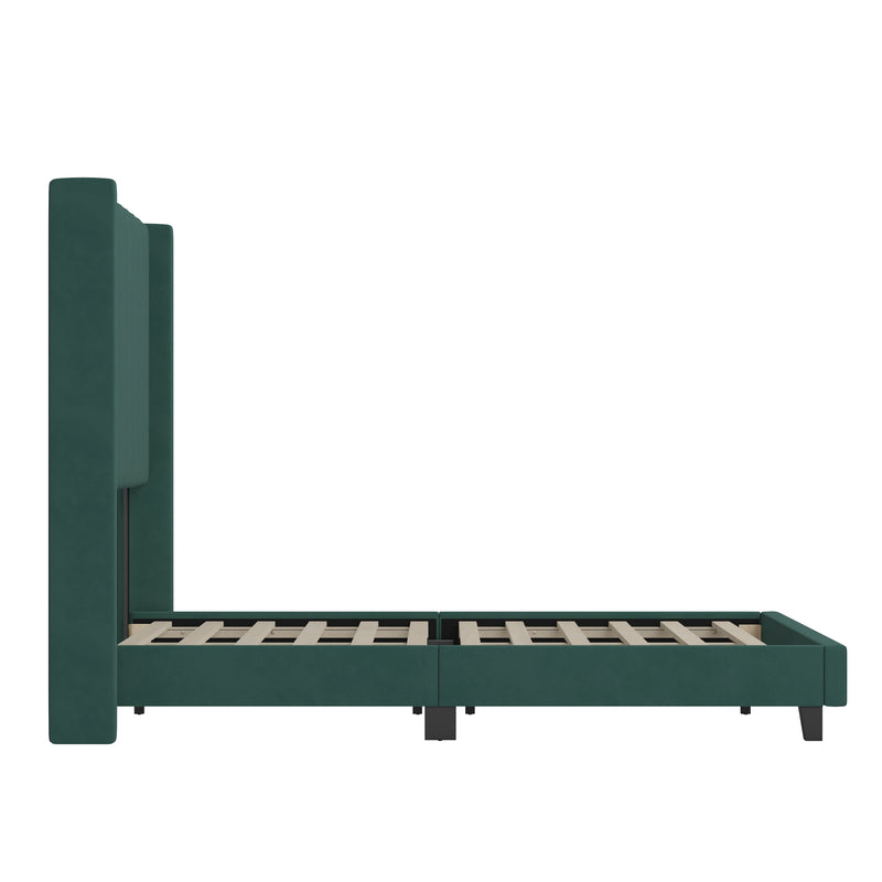 Soren Emerald Velvet Upholstered Platform Bed Frame with Wingback Headboard and Slatted Mattress Foundation