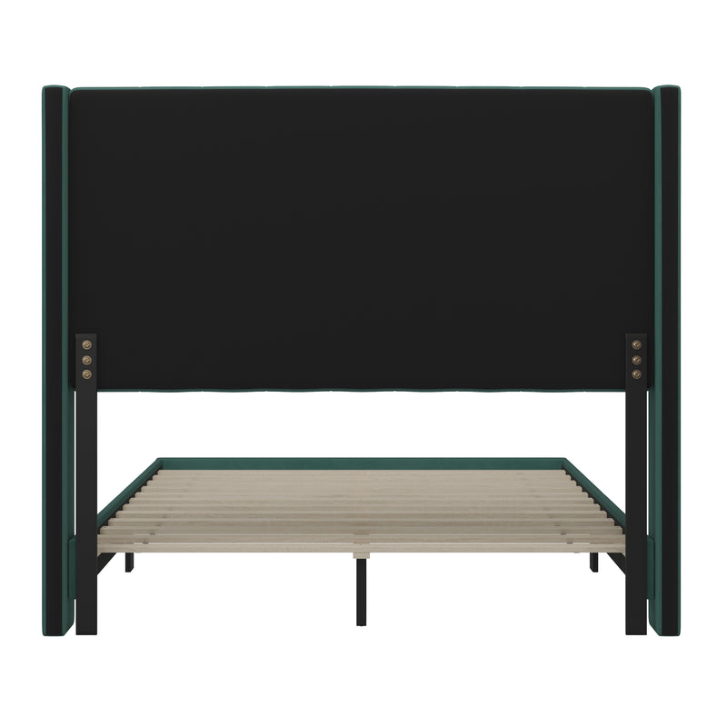 Soren Emerald Velvet Upholstered Platform Bed Frame with Wingback Headboard and Slatted Mattress Foundation