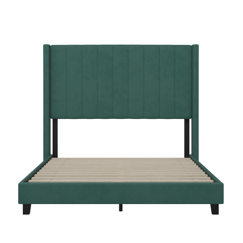 Soren Emerald Velvet Upholstered Platform Bed Frame with Wingback Headboard and Slatted Mattress Foundation