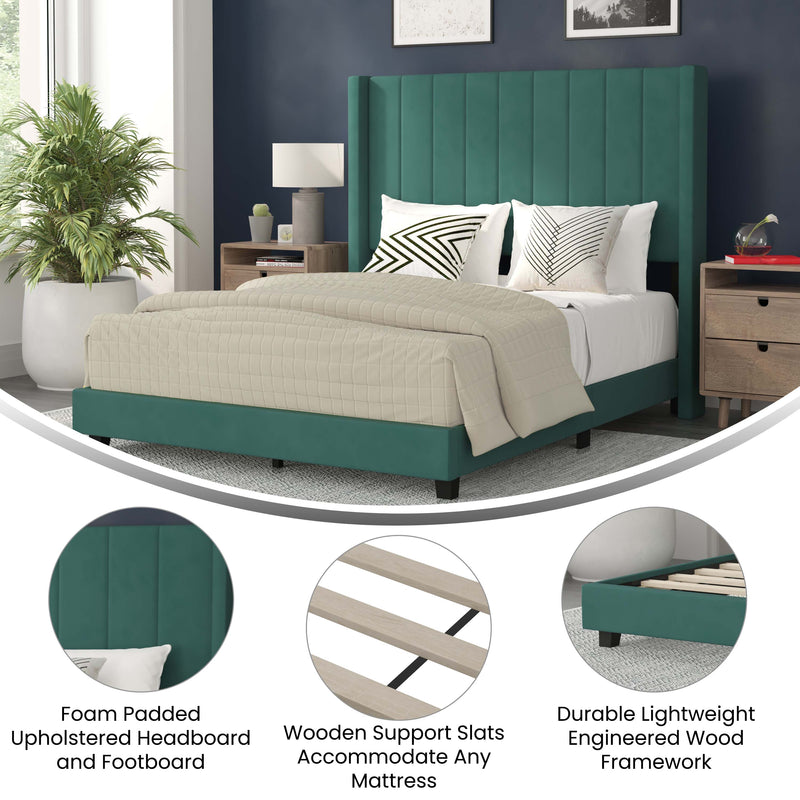 Soren Emerald Velvet Upholstered Platform Bed Frame with Wingback Headboard and Slatted Mattress Foundation