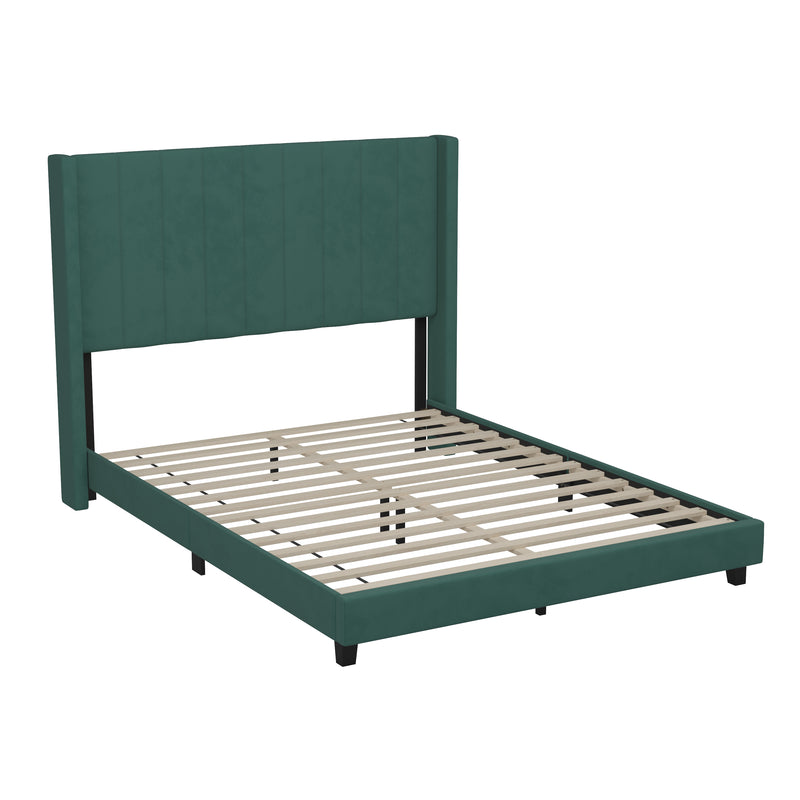 Soren Emerald Velvet Upholstered Platform Bed Frame with Wingback Headboard and Slatted Mattress Foundation