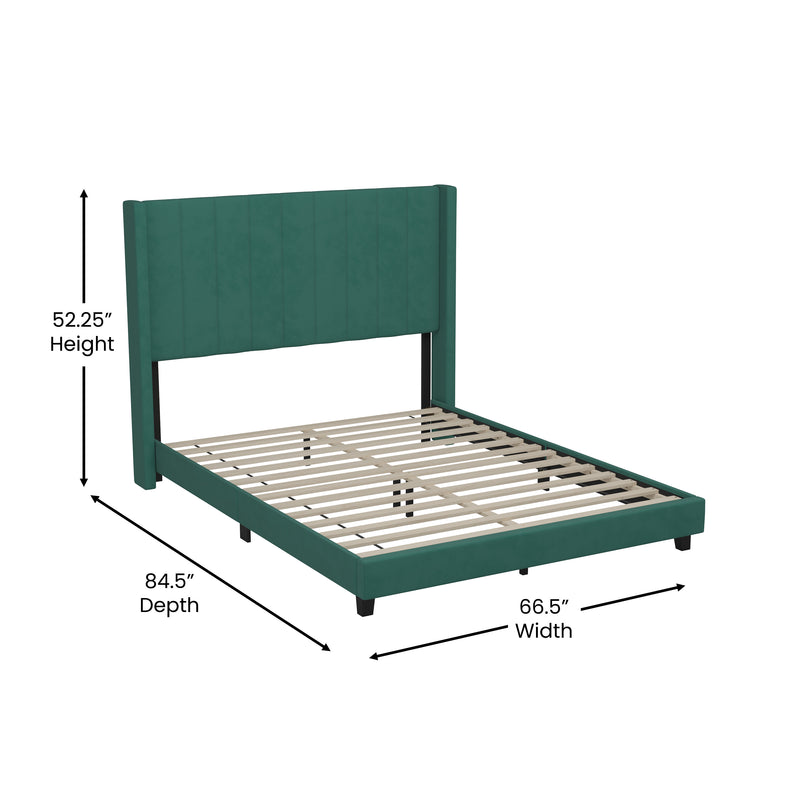 Soren Emerald Velvet Upholstered Platform Bed Frame with Wingback Headboard and Slatted Mattress Foundation