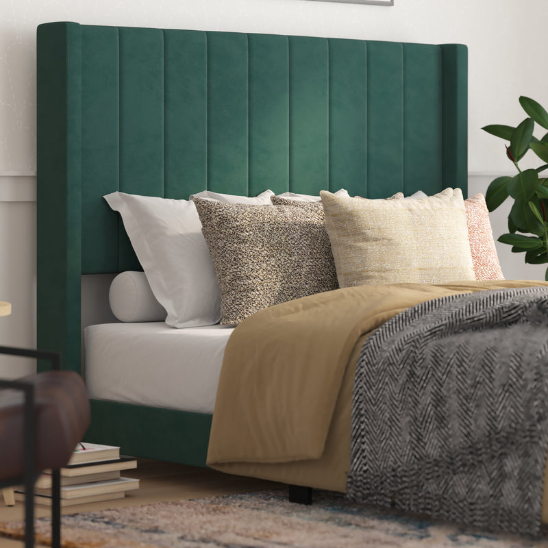 Soren Emerald Velvet Upholstered Platform Bed Frame with Wingback Headboard and Slatted Mattress Foundation