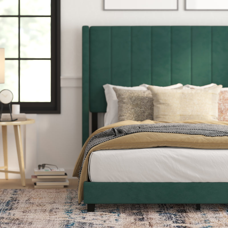 Soren Emerald Velvet Upholstered Platform Bed Frame with Wingback Headboard and Slatted Mattress Foundation