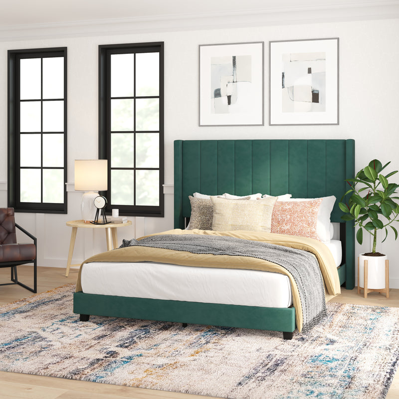 Soren Emerald Velvet Upholstered Platform Bed Frame with Wingback Headboard and Slatted Mattress Foundation