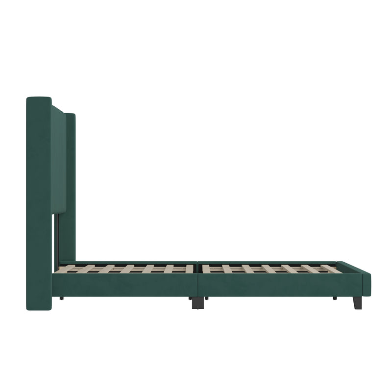 Soren Emerald Velvet Upholstered Platform Bed Frame with Wingback Headboard and Slatted Mattress Foundation